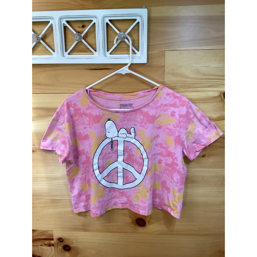 Peanuts Snoopy Peace Sign Tie Dye Crop Top Pink Yellow Medium Graphic Tee Crop